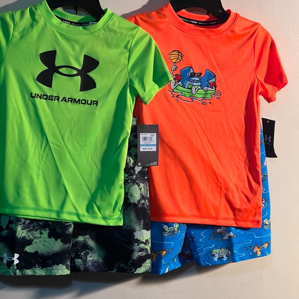 2 Under Armour Kids Green and Orange Swim Set